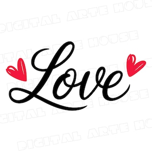 Può includere: Testo in corsivo nero che dice "Love" con due cuori rossi su entrambi i lati della parola.