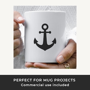 May include: White ceramic mug featuring a black anchor design. The anchor is a classic nautical symbol, with a stylized shape. The mug is held by a person. The bottom of the image has the text: PERFECT FOR MUG PROJECTS Commercial use included.