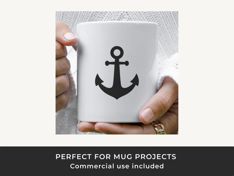 May include: White ceramic mug featuring a black anchor design. The anchor is a classic nautical symbol, with a stylized shape. The mug is held by a person. The bottom of the image has the text: PERFECT FOR MUG PROJECTS Commercial use included.
