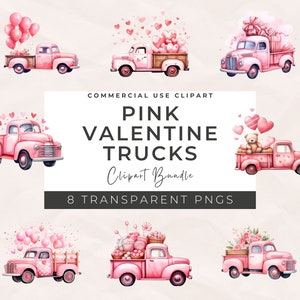 Watercolor Valentine Pink Truck Clipart: PNG Bundle (Downloadable)