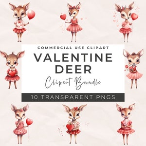 Paquete de imágenes prediseñadas de ciervos de San Valentín con acuarela: imágenes prediseñadas de ciervos de acuarela, imágenes prediseñadas de San Valentín, PNG de corazón de amor, globos, álbum de recortes, creación de tarjetas