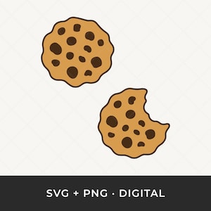 Può includere: Due biscotti con gocce di cioccolato a cartoni animati. Uno è intero, l'altro ha un morso. Entrambi i biscotti sono marrone chiaro con gocce di cioccolato marrone scuro. L'immagine ha il testo "SVG + PNG • DIGITAL" in basso.