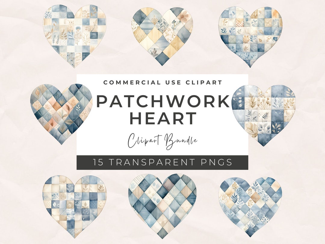 Watercolor Heart Clipart Bundle - Patchwork Heart Clip Art Commercial ...