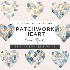 Puede incluir: Un conjunto de 15 imágenes digitales de clipart de corazones de patchwork en azul, beige y blanco. Los corazones están en un estilo acuarela con un sutil patrón floral.  COMMERCIAL USE CLIPART PATCHWORK HEART Clipart Bundle 15 TRANSPARENT PNGS