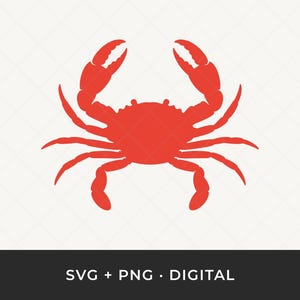 May include: A red crab silhouette with outstretched claws and multiple legs. The crab is centered on a white background with a subtle diamond pattern. The bottom of the image includes the text "SVG + PNG • DIGITAL".
