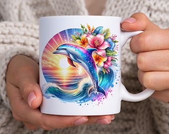 Dolphin Mug Wrap: Beach Vibes Sublimation Design (PNG, Digital Download)