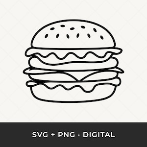 Op de afbeelding: Een zwart-wit lijntekening van een hamburger. De bovenste broodje heeft sesamzaadjes. De burger bevat lagen ingrediënten, waaronder sla en kaas. De onderkant van de afbeelding heeft de tekst "SVG + PNG • DIGITAL".