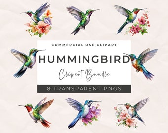 May include: A digital clipart bundle of eight watercolor hummingbird illustrations. Each hummingbird is depicted with vibrant colors and intricate details, perched on a branch with blooming flowers. The text "COMMERCIAL USE CLIPART HUMMINGBIRD Clipart Bundle 8 TRANSPARENT PNGS" is displayed on a white background.
