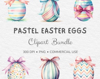 Peut inclure: Six œufs de Pâques en aquarelle pastel avec différents motifs et nœuds. Les œufs sont isolés sur un fond blanc.  Pastel Easter Eggs Clipart Bundle 300 DPI PNG Commercial Use