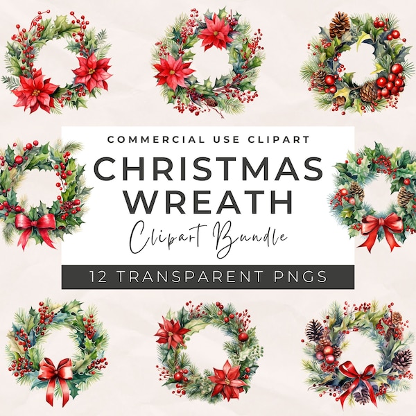 Watercolor Christmas Wreath PNG clipart - Watercolor Vintage Christmas holiday clipart, Transparent PNG, Winter Clipart, Digital Download