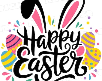 Happy Easter Bunny Ears PNG: Colorful Easter Design (Digital Download)