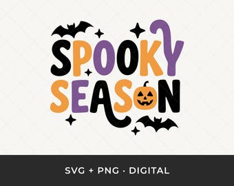 May include: A digital graphic with the words "SPOOKY SEASON" in orange, purple, and black, with a jack-o'-lantern and bats. The graphic is for Halloween. The bottom of the image says "SVG + PNG • DIGITAL".