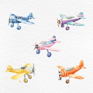 May include: Five watercolor illustrations of airplanes in various colors. The airplanes are all facing forward and have a cartoonish style. The colors include blue, pink, yellow, and orange.