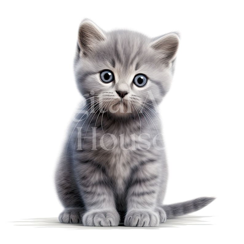 May include: A gray and white tabby kitten with blue eyes sits facing the camera. The kitten has a white chest and a white chin. The kitten is sitting on a white background.