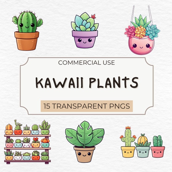 Watercolor Kawaii Potted Plants Clipart - Houseplant Clipart, Succulent Kawaii, Indoor Plant Clipart, Kawaii Designs, Scrap Book