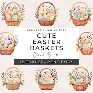 Cestini di Pasqua ad acquerello Clipart - Cesto regalo di uova di Pasqua, stile moderno scandinavo, album di ritagli, uso commerciale, download digitale
