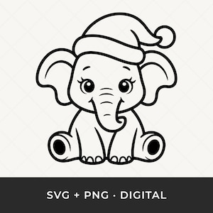 May include: A black and white cartoon illustration of a baby elephant wearing a Santa hat. The elephant is sitting with its legs tucked under. The image includes the text "SVG + PNG • DIGITAL" at the bottom.