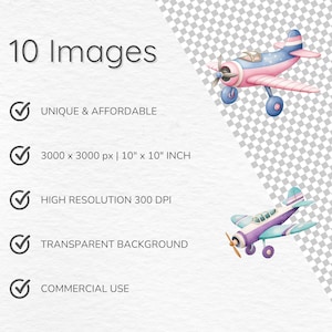 May include: Two watercolor illustrations of airplanes. The first airplane is pink and blue with white stars. The second airplane is purple and blue with white accents. Both airplanes have a transparent background.