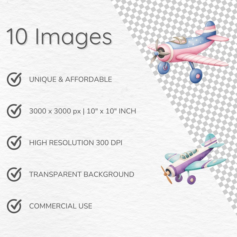 May include: Two watercolor illustrations of airplanes. The first airplane is pink and blue with white stars. The second airplane is purple and blue with white accents. Both airplanes have a transparent background.