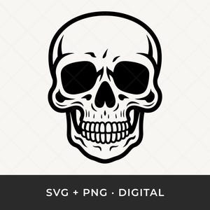 May include: A black and white skull illustration with a detailed design. The skull features prominent eye sockets, a nasal cavity, and a full set of teeth. The image includes the text "SVG + PNG • DIGITAL" at the bottom.