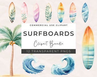 Watercolor Surfboard Clipart Bundle: Beach & Ocean Waves (Downloadable)