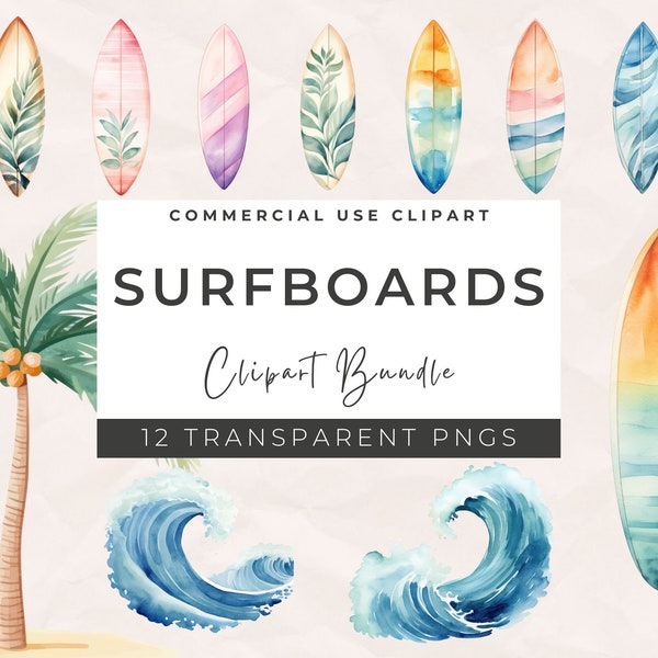 Watercolor Surfboard Clipart - Bundle+Clipart, Beachclipart, Ocean Waves Clipart, Surfing Clipart, Scrap Book, Commercialuse, Downloadable