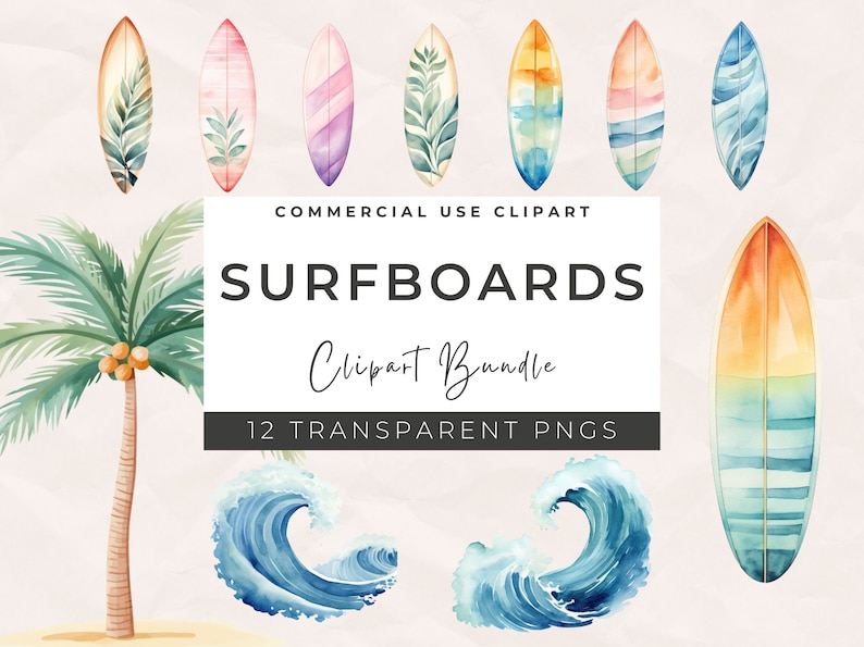 May include: A set of 12 watercolor illustrations of surfboards and waves. The surfboards are in various colors and patterns, including blue, green, yellow, orange, pink, and purple. The waves are blue and white. The text "SURFBOARDS" is written in black letters on a white background.