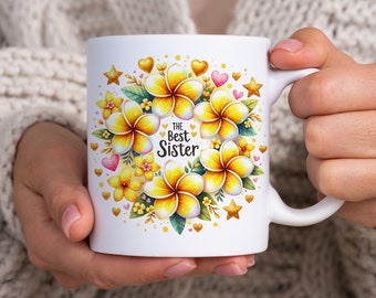 Sister Mug Wrap Template, Frangipani Flowers, Sublimation Design (PNG Instant Download)