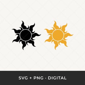May include: Two stylized sun designs, one black and one yellow-orange, with flame-like rays. The image is on a white background with a subtle diamond pattern. The text "SVG + PNG • DIGITAL" is at the bottom.