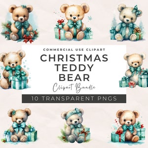 Watercolor Christmas Teddy Bear Clipart: PNG Bundle (3000x3000 px)