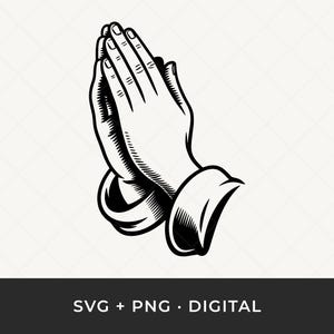 Puede incluir: Ilustración en blanco y negro de manos juntas en oración. La imagen tiene un estilo grabado, con sombreado y líneas detalladas. Las manos son el foco central, sobre un fondo blanco con un sutil patrón de diamantes. El texto "SVG + PNG • DIGITAL" está en la parte inferior.