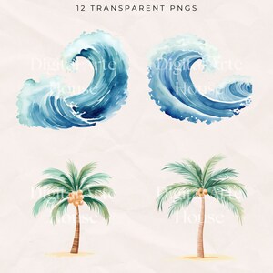 May include: A set of 12 digital illustrations featuring watercolor-style images of blue ocean waves and green palm trees with coconuts. The images are perfect for adding a tropical touch to your designs.
