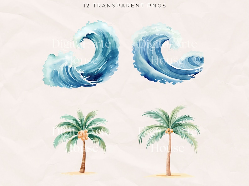 May include: A set of 12 digital illustrations featuring watercolor-style images of blue ocean waves and green palm trees with coconuts. The images are perfect for adding a tropical touch to your designs.