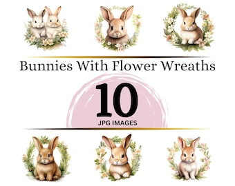 Bunny Flower Wreath Clipart: Watercolor Style, Junk Journals (Digital Download)