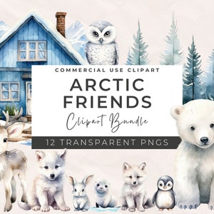 Clipart de acuarela de un país de las maravillas invernal: animales navideños del Ártico, gráfico de acuarela de oso polar bebé, Polo Norte, uso comercial, álbum de recortes