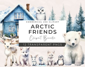 Watercolor Arctic Animals Clipart: Winter Wonderland Graphics (Commercial Use)