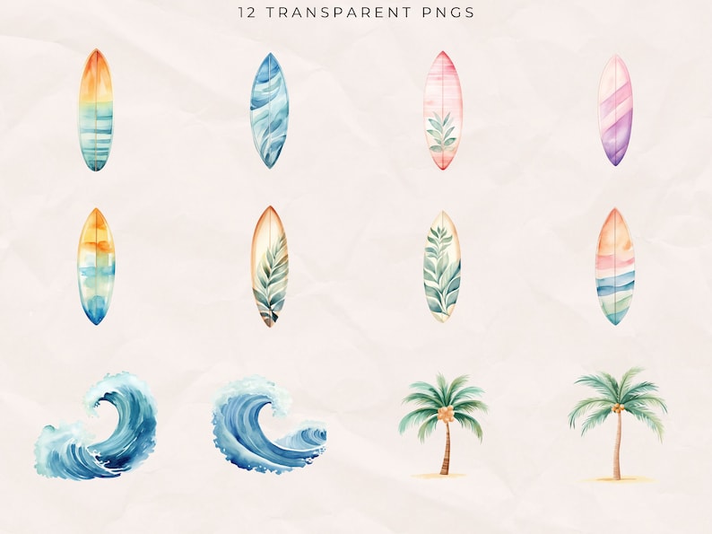 May include: A set of 12 watercolor illustrations featuring surfboards, waves, and palm trees. The surfboards have various designs, including stripes, leaves, and abstract patterns. The waves are blue and white, and the palm trees are green with brown trunks.