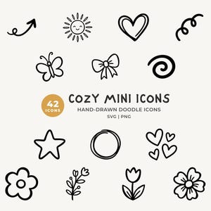 May include: A collection of hand-drawn doodle icons in black on a cream background. The icons include an arrow, sun, heart, swirl, butterfly, bow, spiral, star, circle, three hearts, flower, sprig, tulip, and another flower. Text reads "COZY MINI ICONS".