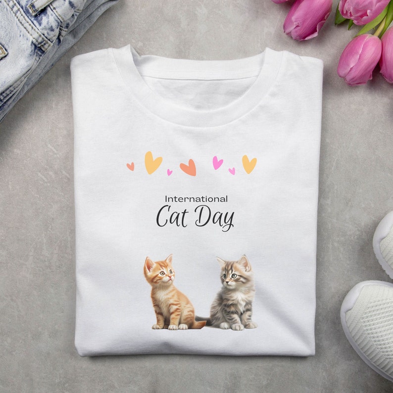 Pu&ograve; includere: T-shirt bianca con illustrazioni di due gattini. Il testo "International Cat Day" &egrave; stampato sulla maglietta, con cuori colorati sopra. La maglietta &egrave; piegata su una superficie grigia.