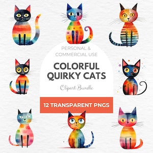Clipart chat excentrique coloré aquarelle - Clipart chat rétro, lot de cliparts chat, graphiques chat, Junk Journal chats, clipart coloré, chat PNG