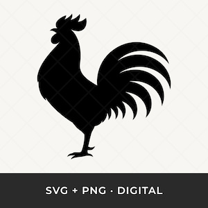 May include: A black silhouette of a cockerel in profile, featuring a detailed comb and tail feathers. The image includes the text "SVG + PNG • DIGITAL" at the bottom, indicating a digital design file.