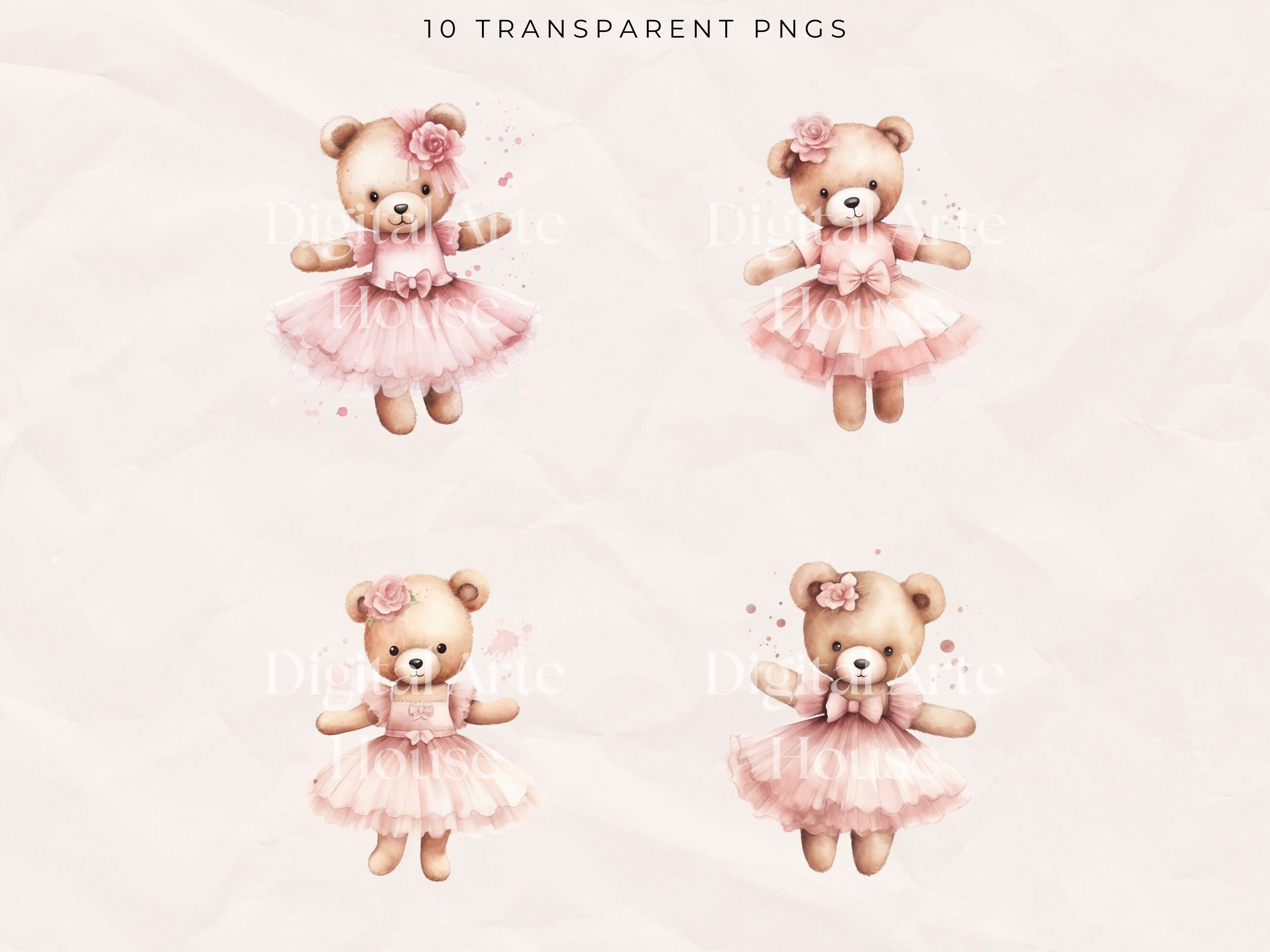 Watercolor Ballerina Teddy Bear Clipart: Commercial Use (digital ...
