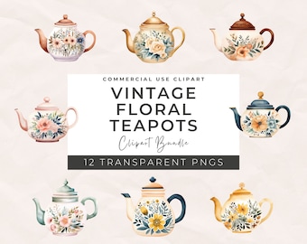 Watercolor Vintage Floral Teapot Clipart: PNG Bundle (Commercial Use)
