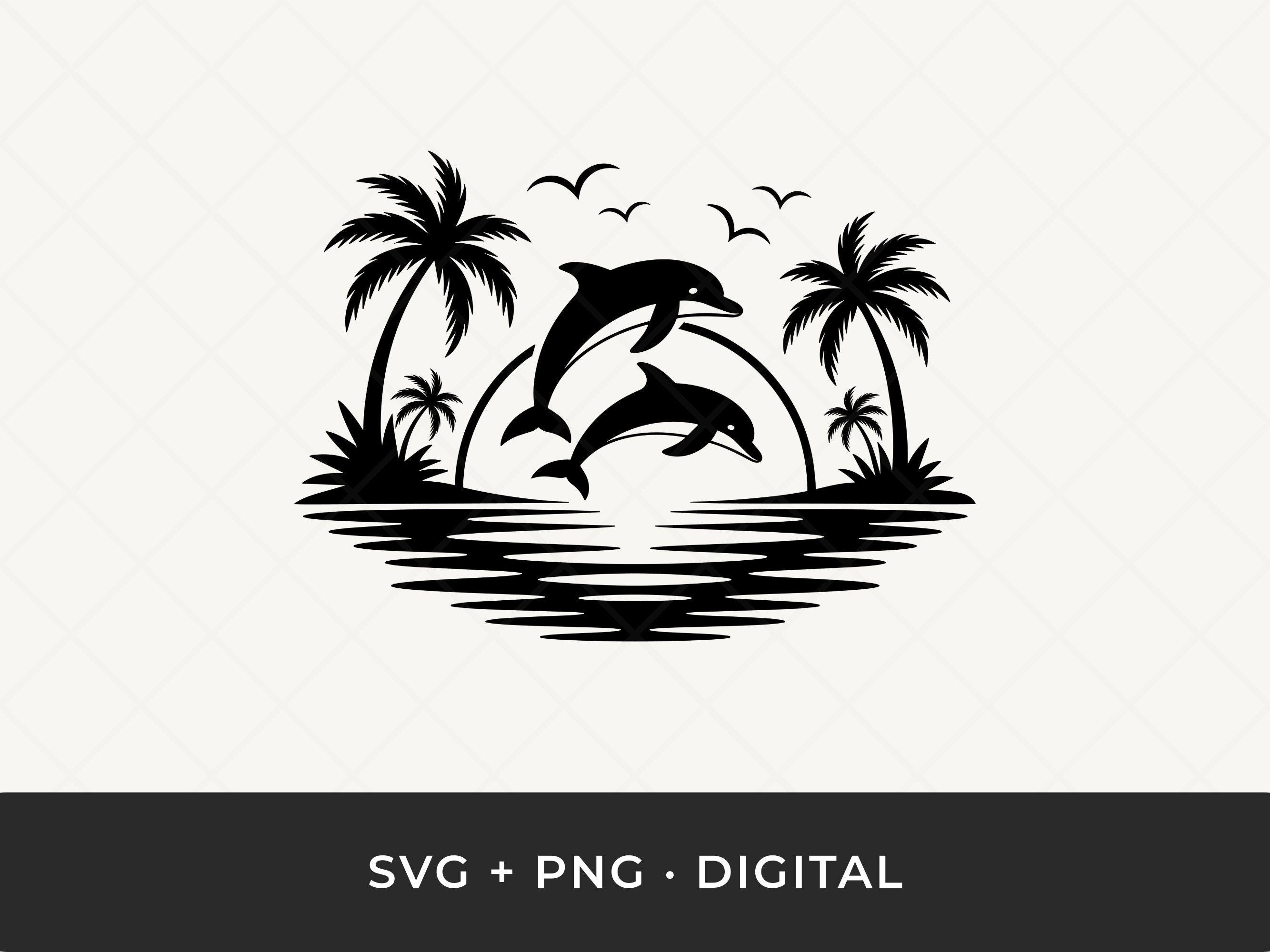 Dolphin Palm Tree Sunset SVG: Ocean Scene Cut File for Cricut - Etsy