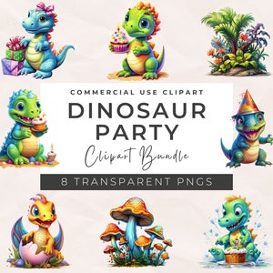 Pacote de clipart de festa de aniversário de dinossauro em aquarela, uso comercial, PNGs transparentes, berçário, arte de parede infantil, T-Rex, dinossauros bebês