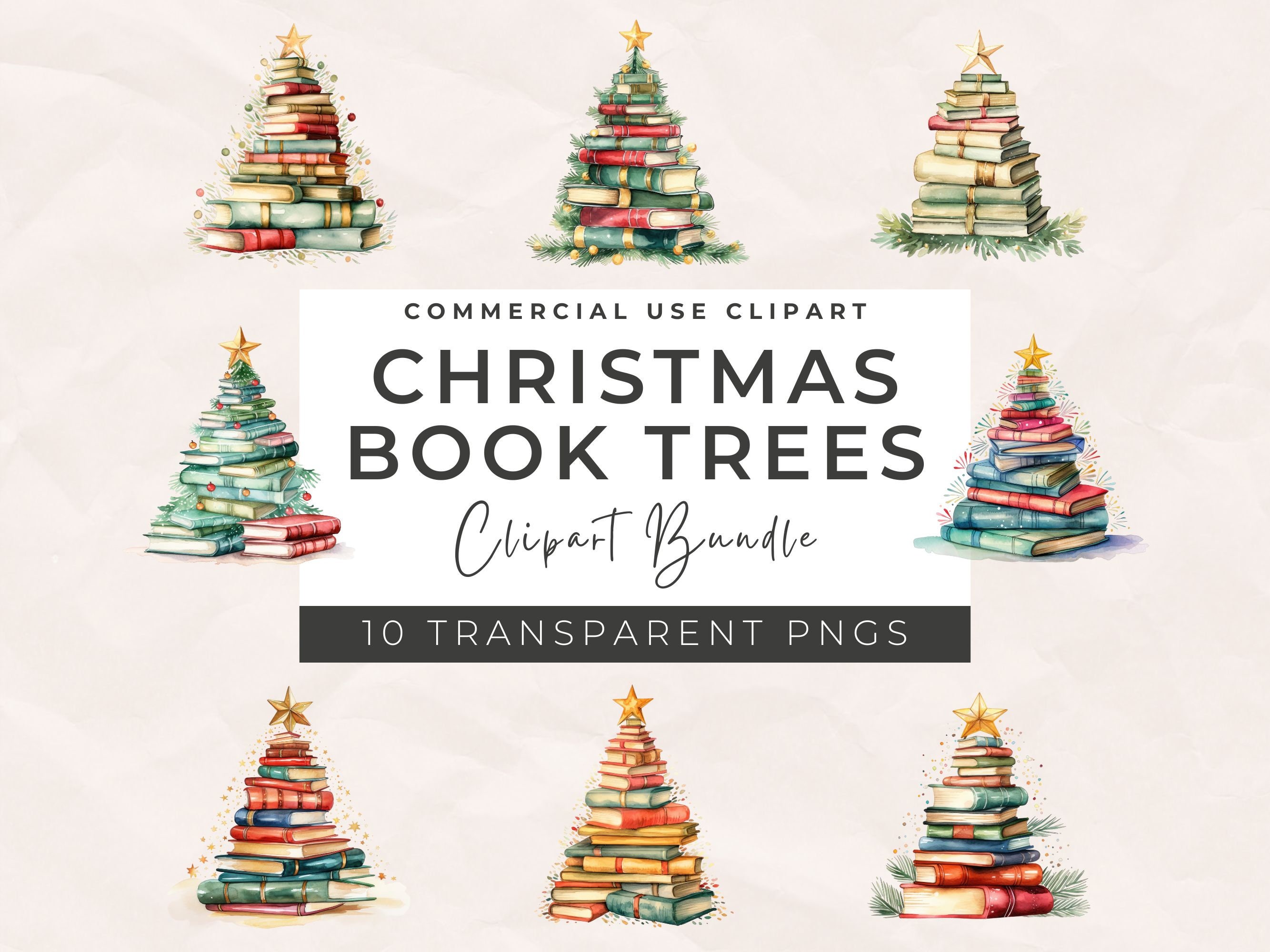 Watercolor Christmas Book Tree Clipart: PNG Bundle (Digital Download)