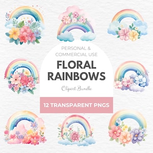 Aquarell Blumen Regenbogen Clipart Bundle - Regenbogen Clipart Pack, Pastell Regenbogen PNG, Boho Regenbogen Clipart, Wolken Clipart, digitaler Download