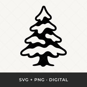 Op de afbeelding: Zwart-wit illustratie van een gestileerde kerstboom met besneeuwde takken. De afbeelding is een digitaal SVG- en PNG-bestand.
