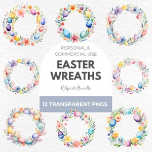 Imágenes prediseñadas de corona de Pascua en acuarela: gráficos de coronas, imágenes prediseñadas en tonos pastel claros, flores silvestres PNG, huevos de acuarela PNG, imágenes prediseñadas de follaje, álbum de recortes