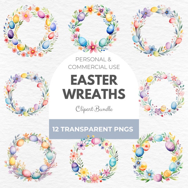 Watercolor Easter Wreath Clipart - Wreath Graphics, Light Pastel Clipart, Wildflowers PNG, Watercolor Eggs PNG, Foliage Clipart, Scrap Book